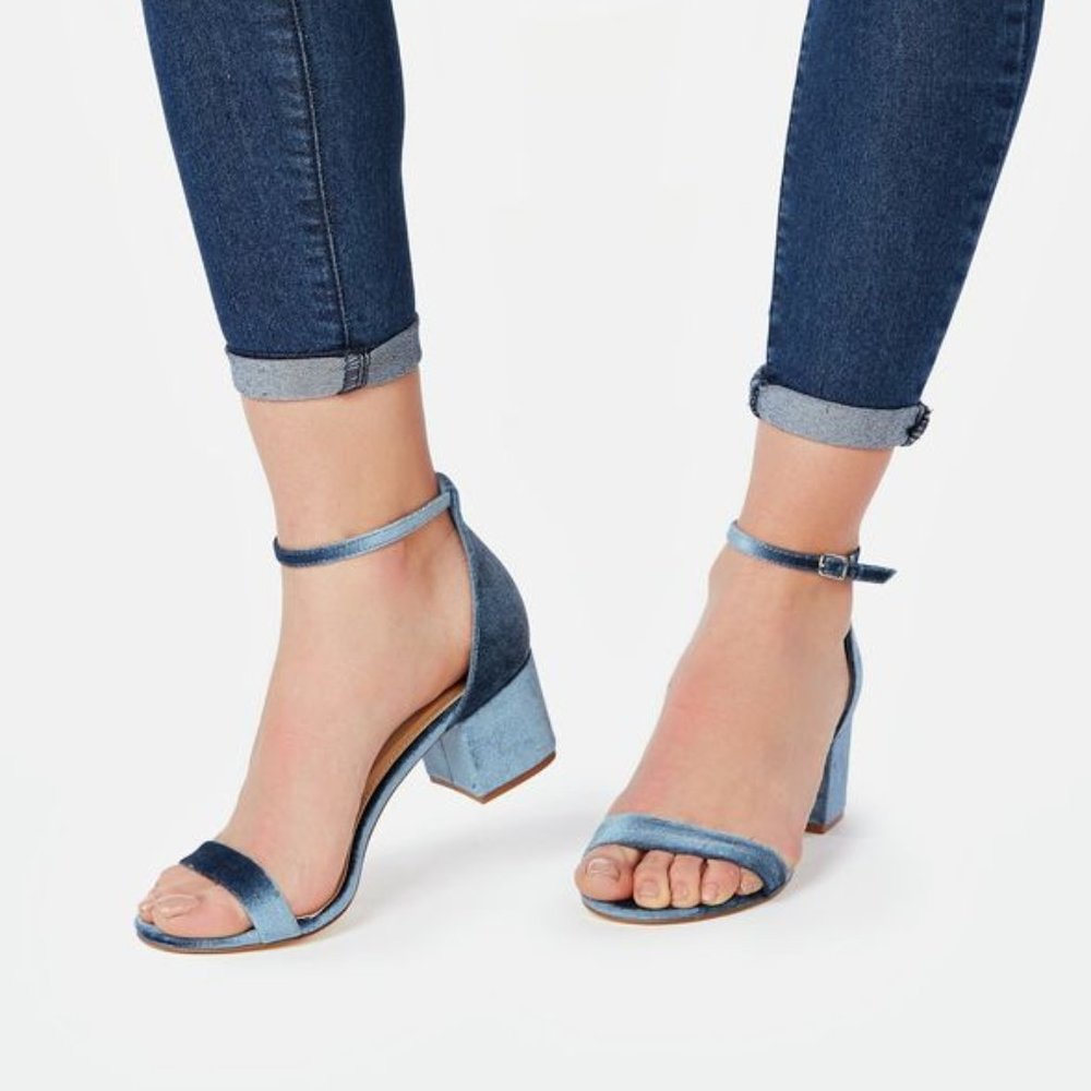 Blue crushed velvet heeled sandals